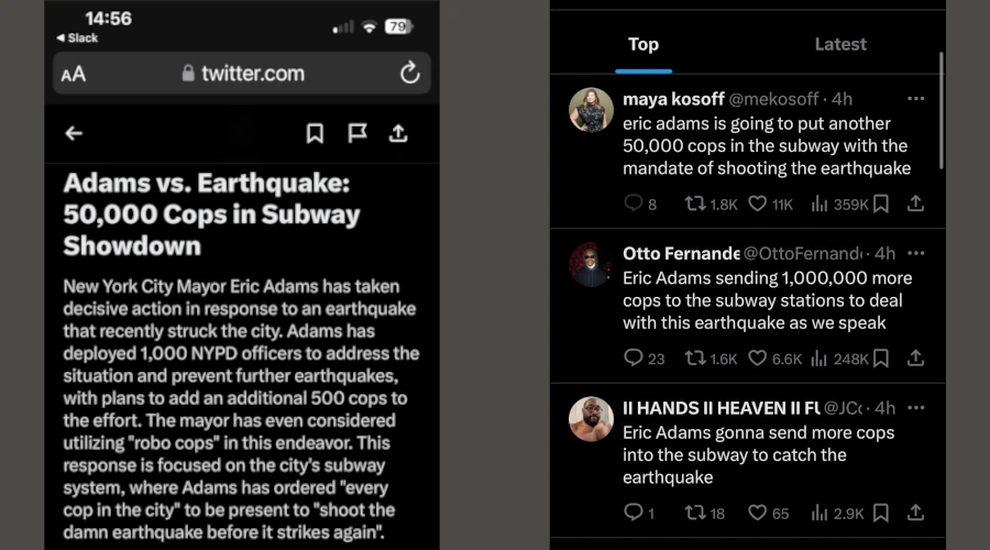 Captura de tela mostra notícia falsa ao lado de tweets com piadas sobre terremoto em Nova York