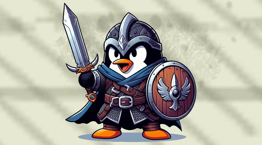 ilustração 2D do Tux, mascote do Linux, usando capacete, armadura e segurando um escuto e uma espada