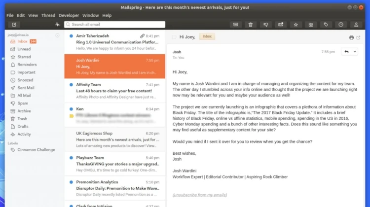 Captura de tela do Mailspring aberto no Ubuntu