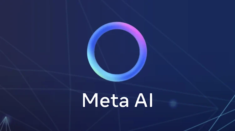 Logo da Meta AI em um fundo lilás e azul moderno