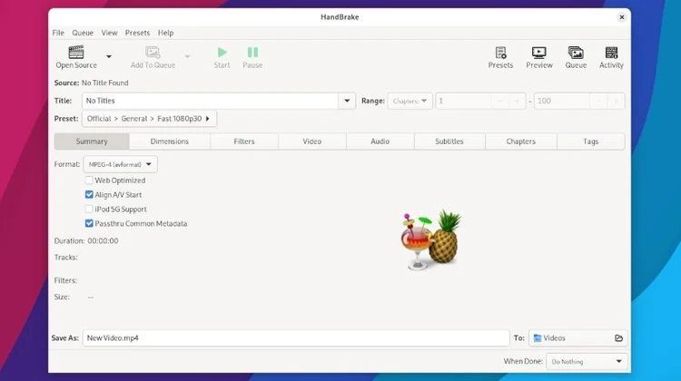 Captura de tela do HandBrake no Arch Linux com ambiente Gnome