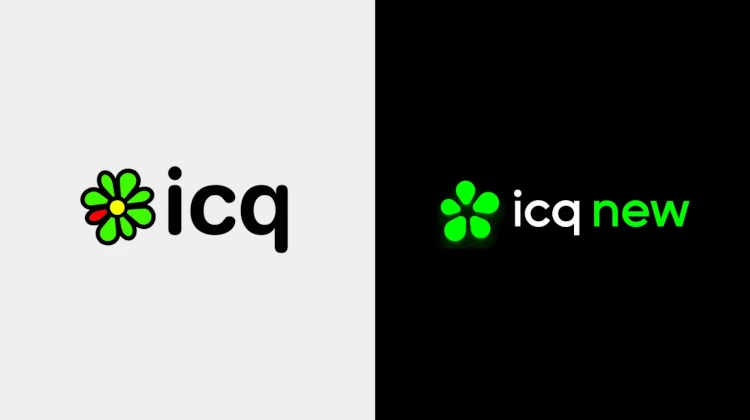 Logos do ICQ e ICQ New em um fundo branco e preto, respectivamente