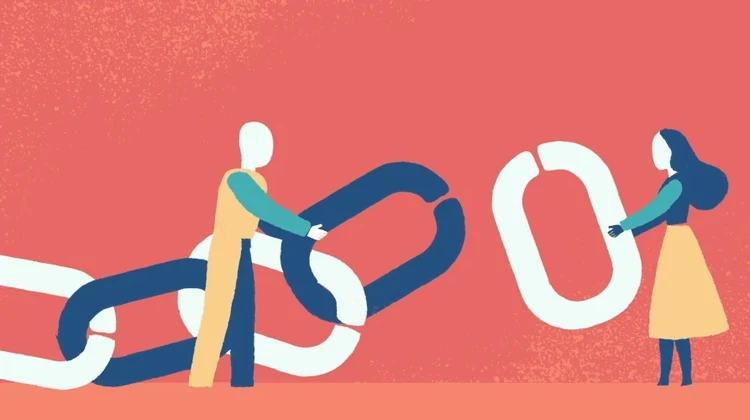 Ilustração minimalista no estilo recote mostra homem e mulher segurando uma corrente gigante que está quebrada