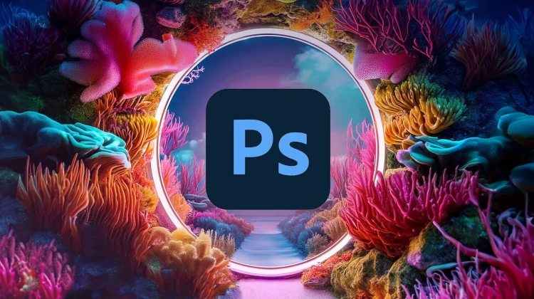 Ilustração 3D do logo do Photoshop em meio a um coral, no fundo do mar