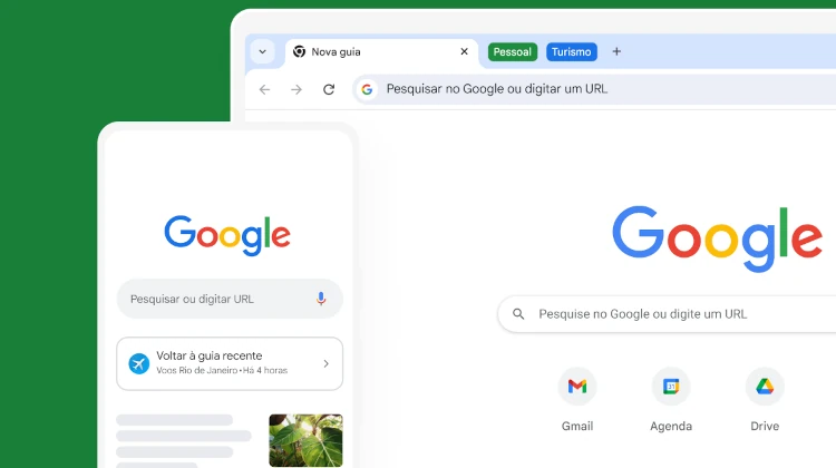 Google Chrome aberto em um notebook com o logo do Chrome flutuando acima da tela