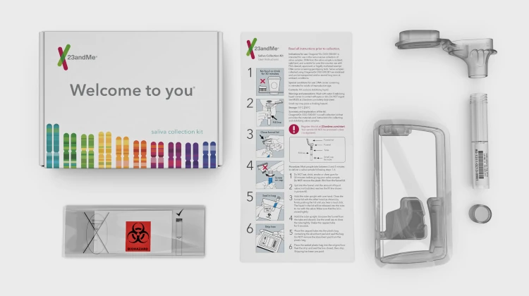 Kit de coleta de material genético fornecido pela 23andMe