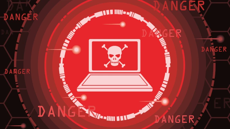 Ilustração 2D de computador infectado por vírus com crânio e ossos na tela e a palavra danger flutuando repetidas vezes em volta