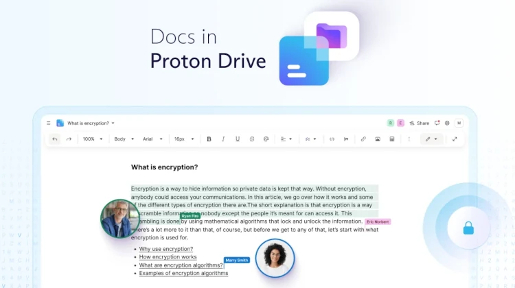 Ilustração com captura de tela mostrando um documento de texto aberto no Proton Docs avatares de duas pessoas nos trechos onde elas estão editando o documento