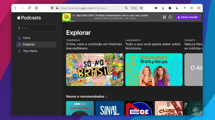 captura de tela do Apple Podcasts rodando no navegador Firefox para Linux