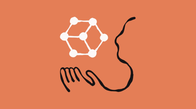 Ilustração 2D minimalista mostra silhueta de rosto humano e mão segurando o que parecer ser um átomo em um fundo de cor terracota