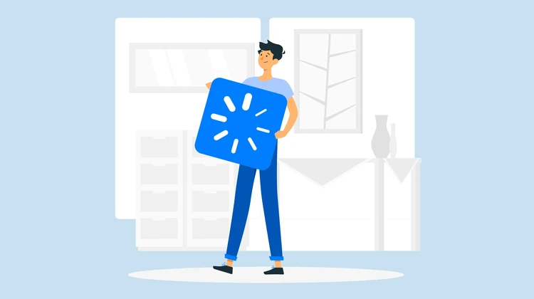 Ilustração minimalista de um homem carregando um ícone de redirecionamento