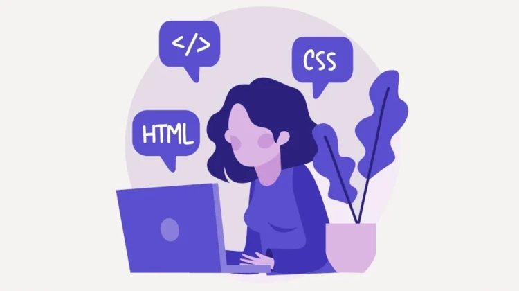 Ilustração minimalista de mulher desenvolvendo site em um notebook