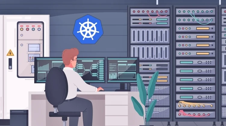 Ilustração de homem usando um computador em uma sala de servidores