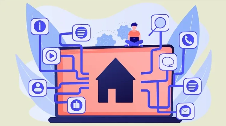 Imagem vetorial de uma mulher sentada sobre uma grande tela que mostra um ícone de casa interligado com vários outros ícones diversos em uma ramificação