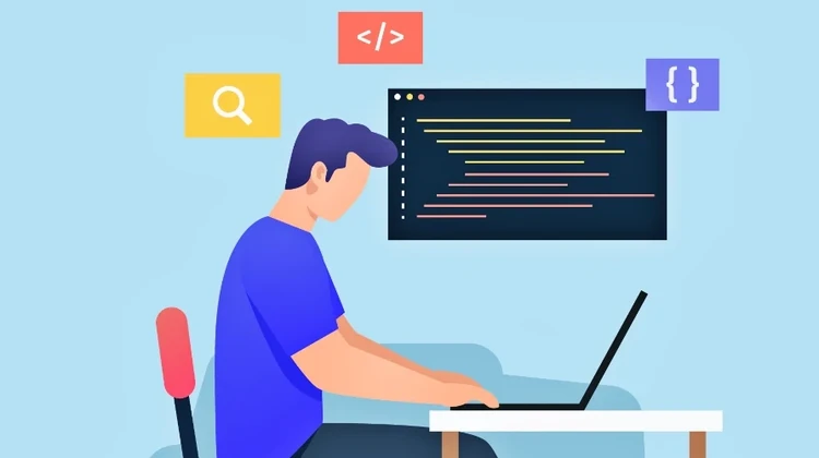 Ilustração minimalista de homem programando em um notebook