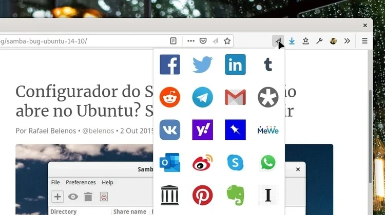 Captura de tela mostrando a extensão de compartilhar sendo usada no navegador Firefox