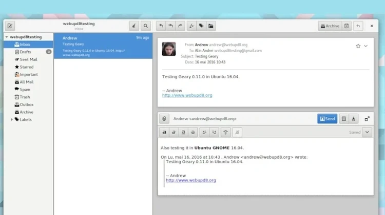 Captura de tela mostrando o Geary Mail rodando no Ubuntu