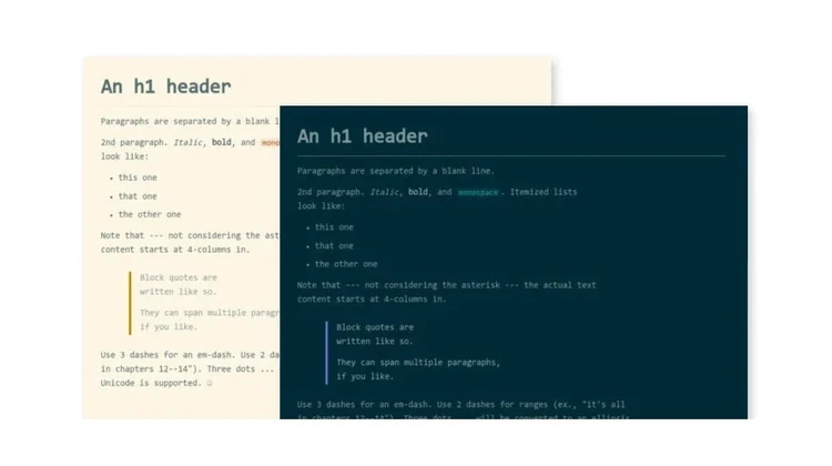 Captura de tela dos temas solarized e solarized dark sendo usados no editor de markdown Typora