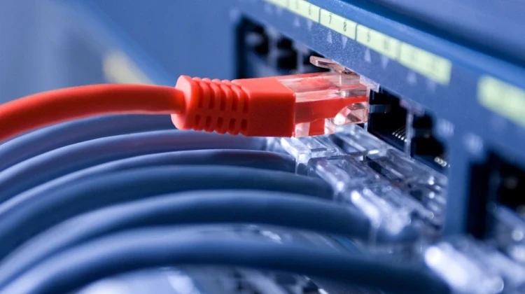 Close de um servidor com vários cabos ethernet azuis conectados e apenas um cabo ethernet vermelho