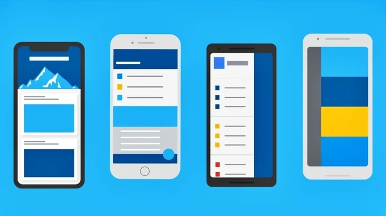 Ilustração minimalista mostra quatro celulares diferentes com aplicativos abertos