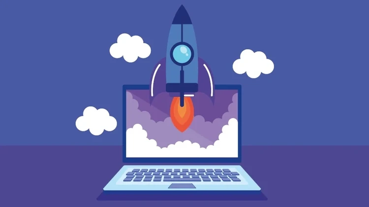 Ilustração de foguete voando para fora da tela de um notebook
