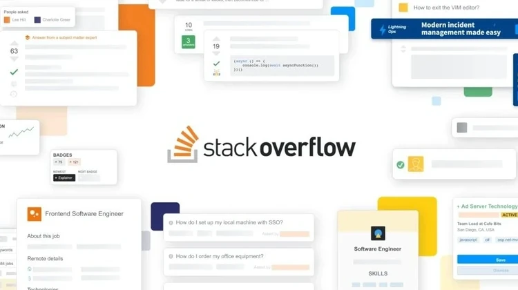 Logo do Stack Overflow em um fundo branco rodeado de pequenas janelas
