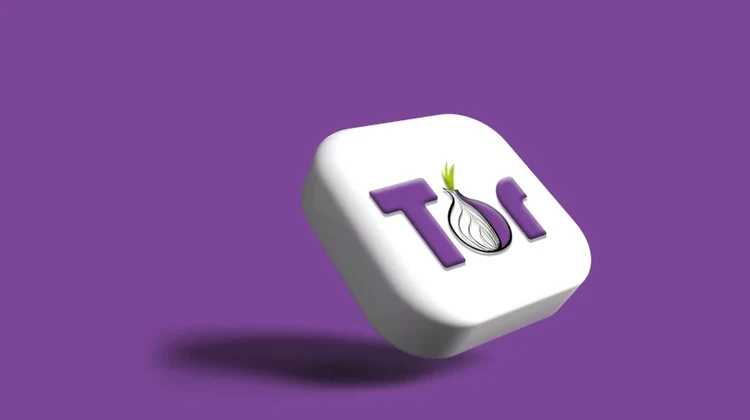 logo do navegador Tor num ícone 3D flutuando em um fundo roxo