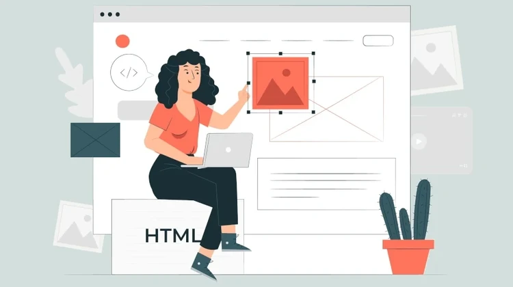 Ilustração minimalista de uma mulher organizando elementos de um site com um notebook no colo