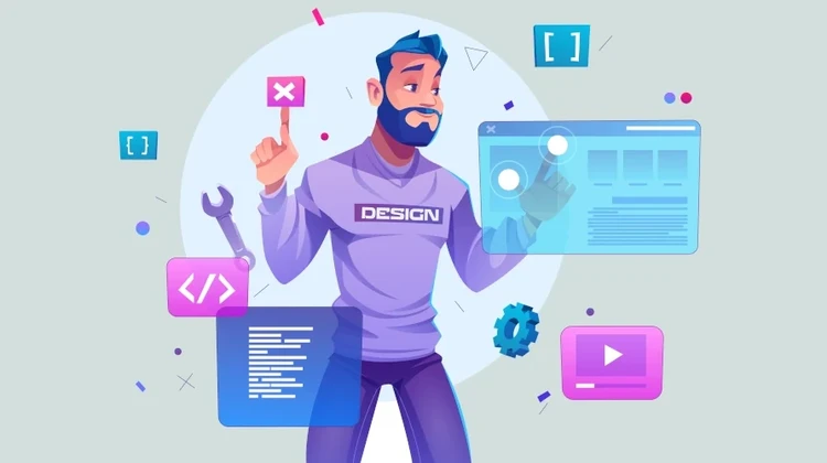 Ilustração de homem organizando elementos de um sites em uma parede sensível ao toque