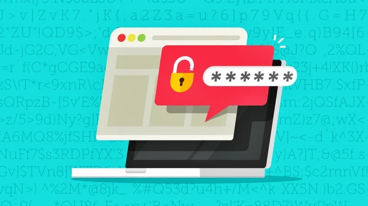 Ilustração mostra computador com navegador aberto e pop-up de gerenciador de senhas com caracteres ocultos