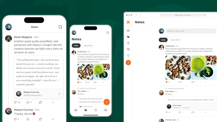 Capturas de tela do Substack Notes