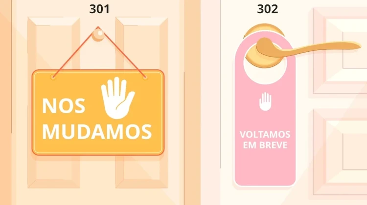 Ilustração mostra duas portas com placas NOS MUDAMOS e VOLTAMOS EM BREVE