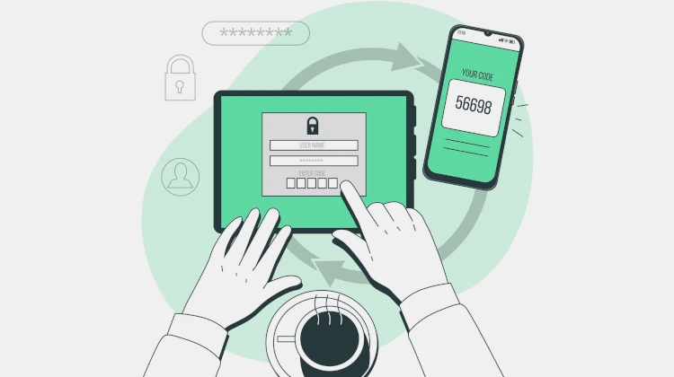 Ilustração 2D mostrando homem fazendo login em um app em um tablet enquanto recebe um código de autenticação no celular