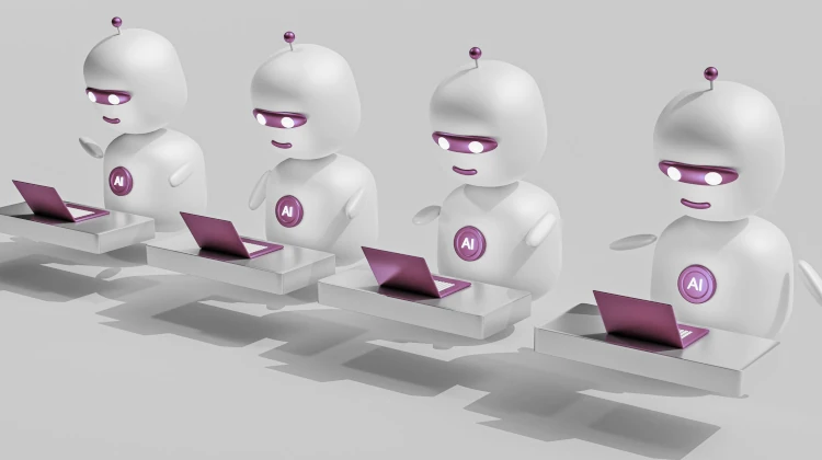 Ilustração mostra vários robôs iguais lado a lado usando notebooks