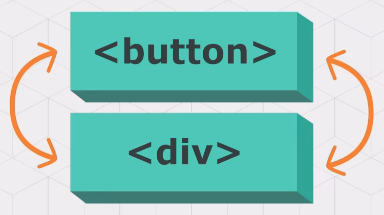 A imagem mostra as tags HTML <button> e <div> com setas curvas indicando uma troca ou comparação entre elas.