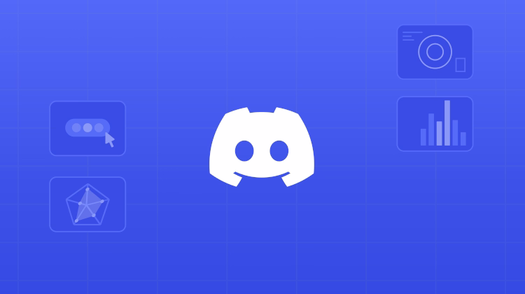 O logotipo branco do Discord, um rosto sorridente de controle de videogame, é o ponto focal em um fundo azul-elétrico com um padrão de grade. Quatro ícones brancos e translúcidos relacionados a dados e tecnologia flutuam ao redor, um campo de senha, um diagrama de radar, um gráfico de barras e uma câmera
