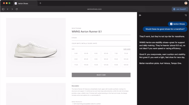 Usuário perguntando ao ChatGPT se os “sapatos são bons para uma maratona” em página de e-commerce OpenAI lança navegador Atlas com acesso sem precedentes aos dados dos usuários